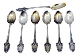 Silver Coffee Spoons and Sugar Shovel with Handle Reliefs, Set of 6