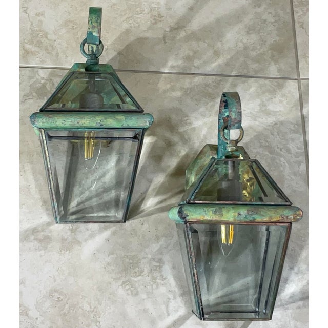 Funky Pair of Vintage Solid Brass Lanterns - 7”w X 8”d X 13” High For Sale - Image 10 of 11