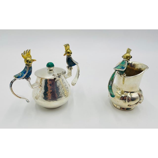 Mexican 1960s Los Castillo Taxco Bird of Paradise Creamer & Sugar W Malachite Lapis - a Pair For Sale - Image 3 of 18
