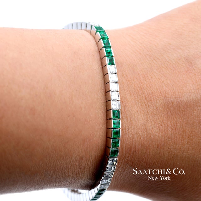 Platinum 950 Custom Made Natural Diamond and Emerald Bezel Tennis Bracelet For Sale - Image 9 of 12