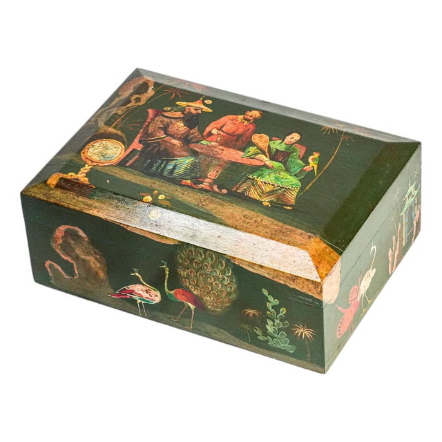 Lovely Asian Inspired Antique Hand Painred Large Humidor Box Chinoiserie Home Decor For Sale
