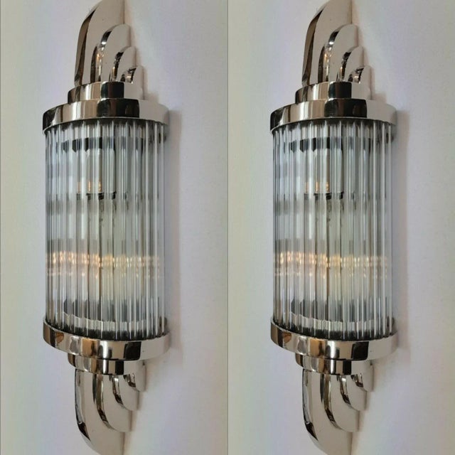 Vintage Art Deco Skyscraper Wall Sconces Fixture in Nickel Brass & Glass - a Pair For Sale - Image 6 of 6