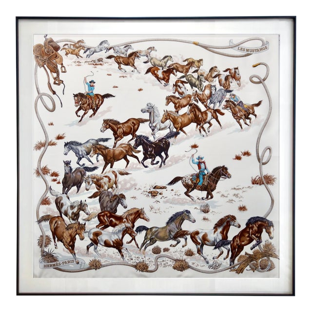 1990s Framed Hermès Silk Scarf "Les Mustangs" by Robert Dallet - Midnight Black Frame For Sale