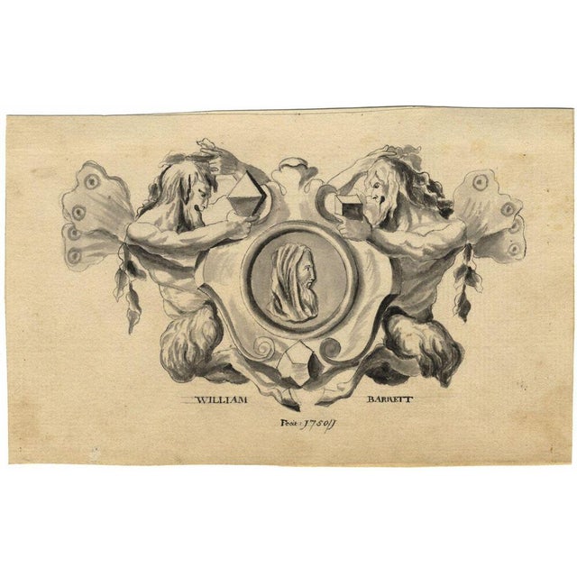 An original 1750 watercolour painting, William Barrett, Satyr & Mathematician Cartouche Design.This unusual cartouche...