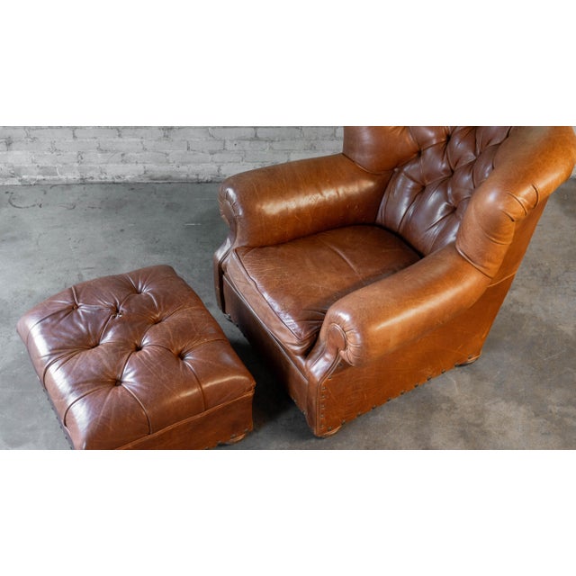Restoration Hardware Churchill Cigar Leather Luxe Writer's Chair and Ottoman For Sale - Image 9 of 18