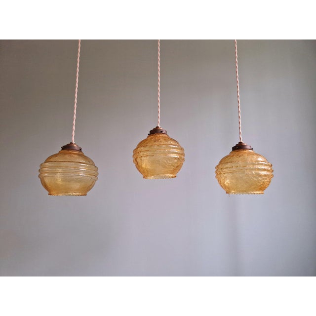 Metal Art Deco Pendant Lights in Amber Cracked Glass, 1920s, Set of 3 For Sale - Image 7 of 13