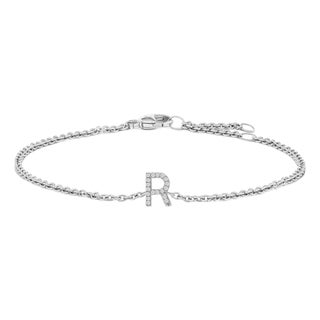 10K White Gold Diamond Accent "R" Initial Charm and Link Bracelet For Sale