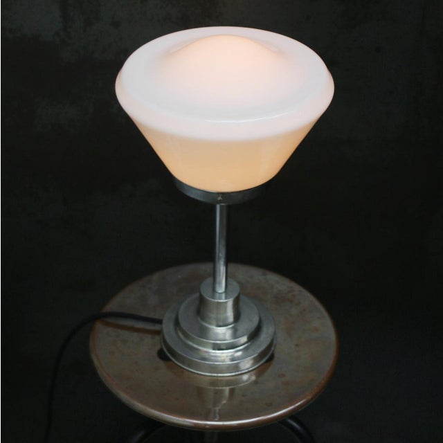 Art Deco White Opaline Cone Glass and Nickel-Plated Desk Lamp For Sale - Image 5 of 8