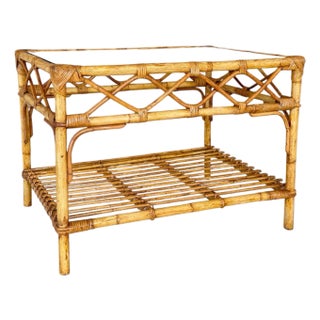 Vintage Rattan and Bamboo Coffee Table With Glass Top and Lower Shelf For Sale