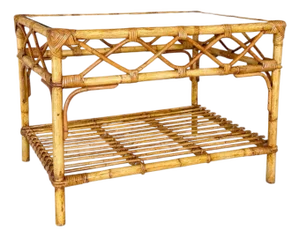Vintage Rattan and Bamboo Coffee Table With Glass Top and Lower Shelf