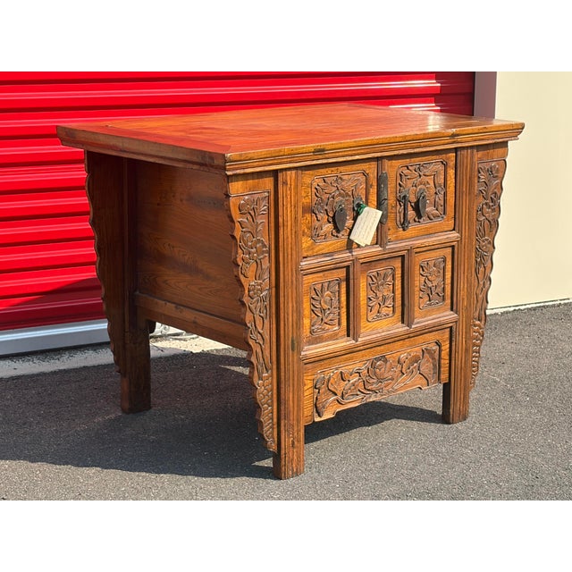 Chinese Qing Dynasty period carved altar coffer from the 19th century, with two drawers and geometric motifs.Rectangular...