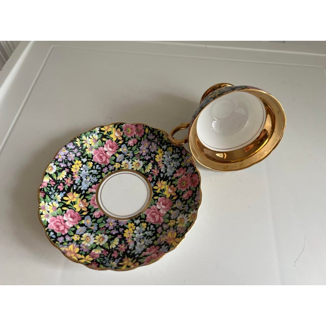1940s 1940s Rosina Black & Gold Chintz Tea Cup and Saucer For Sale - Image 5 of 8