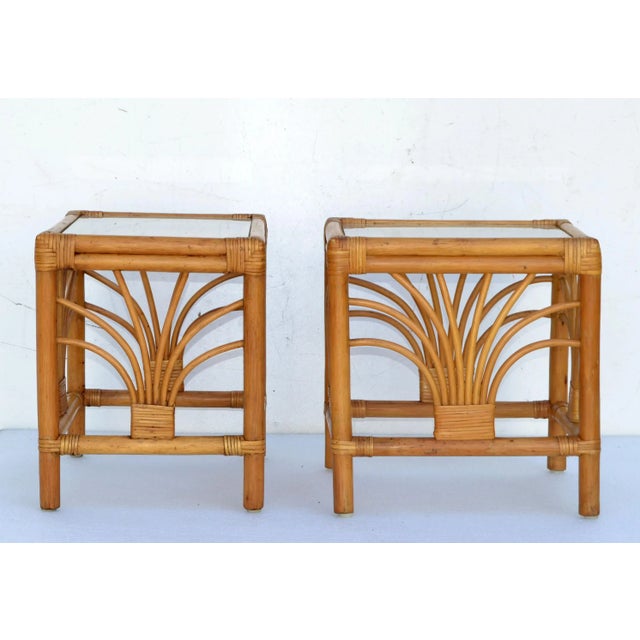 Vintage 1970 Bohemian Handmade Bamboo, Reed, Cane & Glass Top Side Table - A Pair For Sale - Image 11 of 12