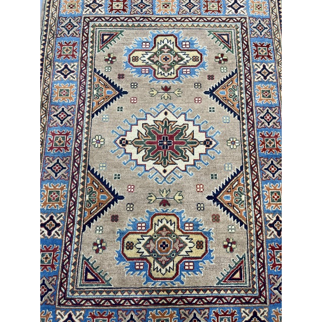 Beige Persian Style Kazak Wool Rug With Blue Border, 4'2" X 5'10" For Sale - Image 6 of 14