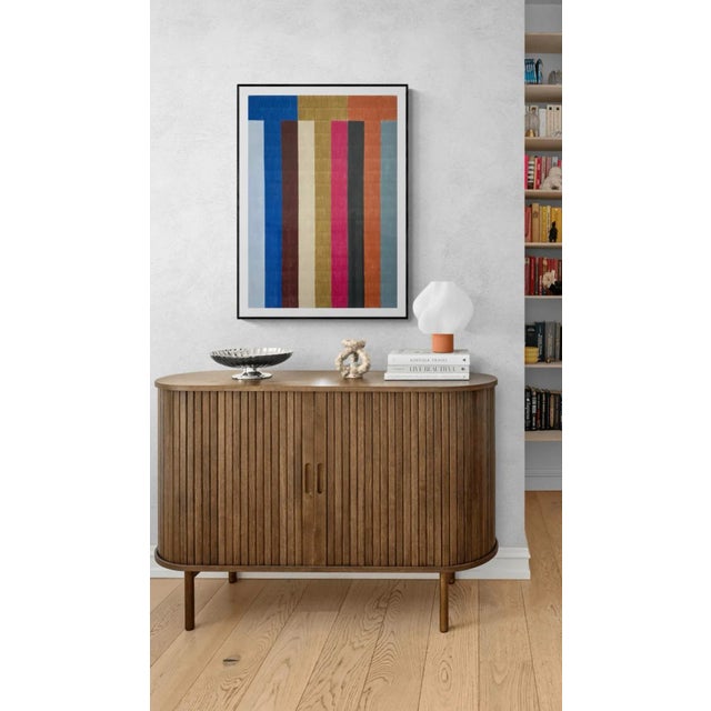 This color pencil drawing on paper features blocky stripes in saturated warm and cool colors including denim blue,...