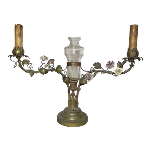 Antique Ornate French Gilt Bronze Porcelain Floral Crystal Vase Table Lamp Light