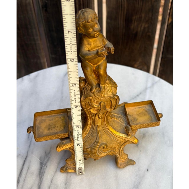 Gold Antique French Rococo Gilt Brass Cherub Figural Double Inkwell Desk Stand 7.5” For Sale - Image 8 of 8
