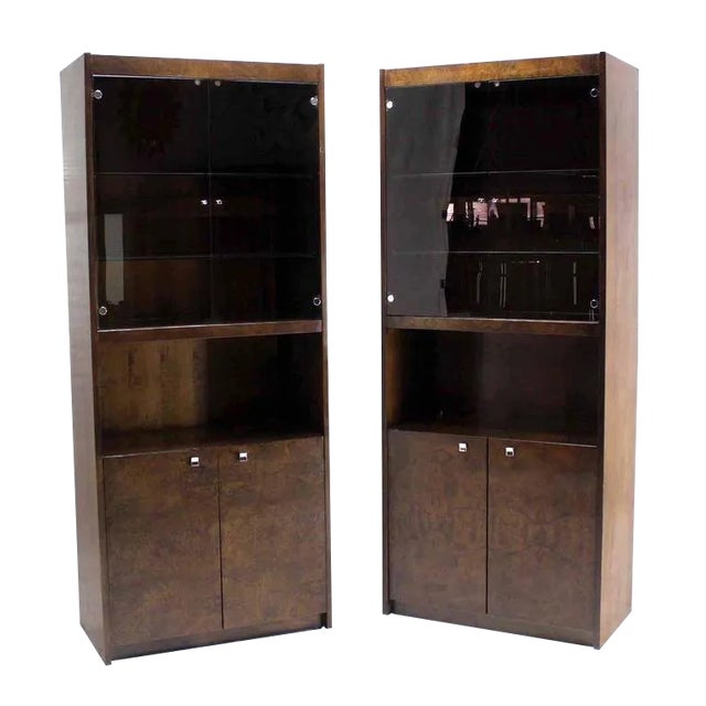 Burl Walnut Wall Unit Pieces W/ Interior Lights - A Pair For Sale