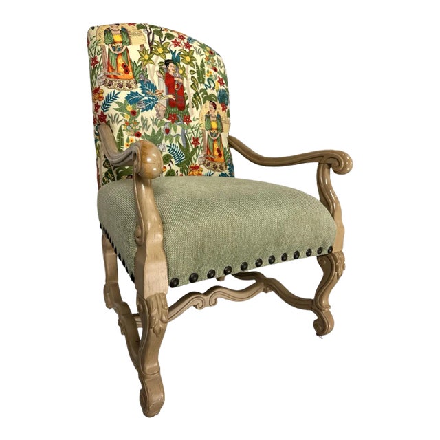 Vintage Hacienda Chair With New Frida’s Garden Fabric Upholstery in Springtime Colors For Sale