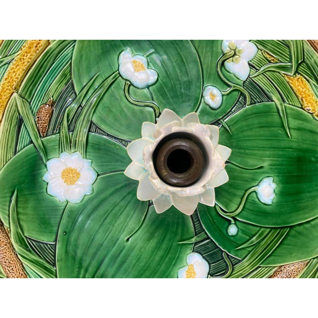 Mid 19th Century Minton Majolica Centerpiece Tray 15-In, Lotus Flower on Green Ground, Dated 1863 For Sale - Image 5 of 9