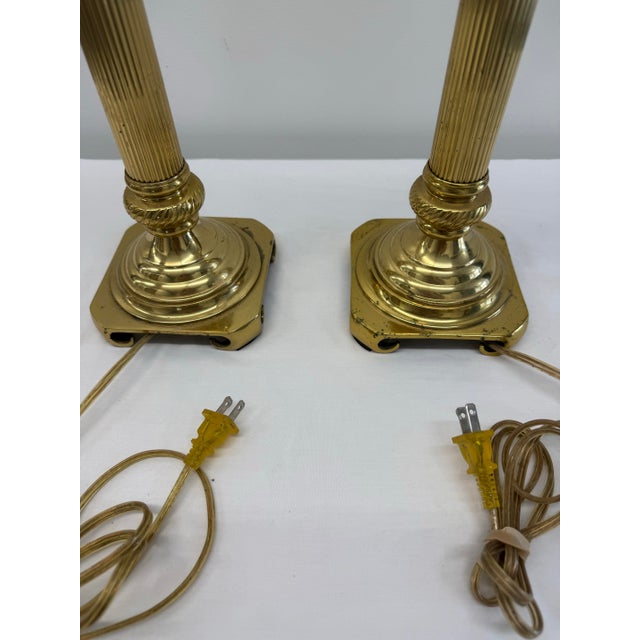 Gold Pair of Vintage Brass Neoclassical Fluted Column Table Lamps For Sale - Image 8 of 10