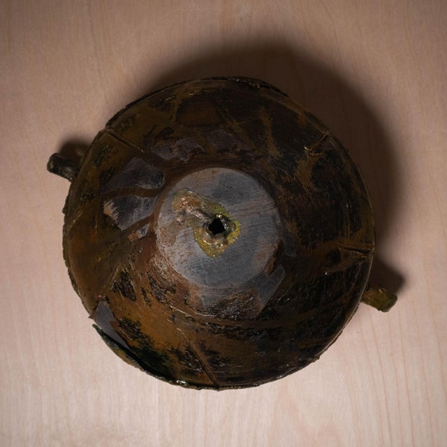 Vintage Brutalist Hand-Formed Bronze Raku Ceramic Handled Vessel With Drain Hole For Sale - Image 11 of 12
