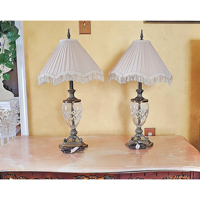 2000 - 2009 Traditional Style Crystal & Brass Table Lamps, a Pair For Sale - Image 5 of 12