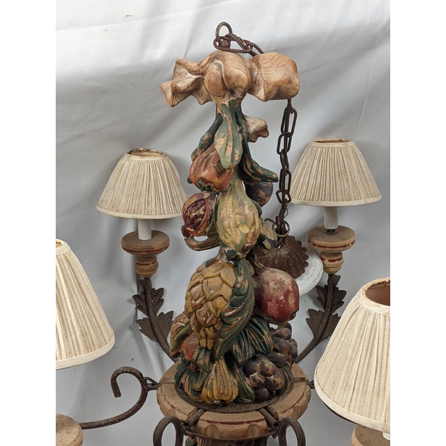 Brown Vintage Italianate Polychrome Carved Wood Fruit & Iron 6-Light Chandelier For Sale - Image 8 of 15