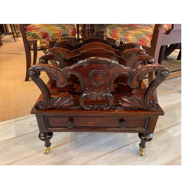 Brown Early Victorian Solid Rosewood Three-Section Canterbury with Drawer and Casters For Sale - Image 8 of 18