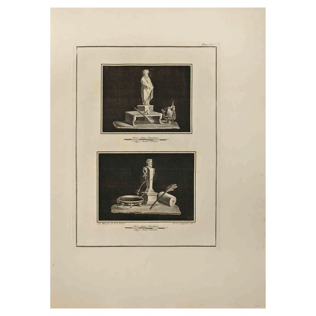 Ferdinando Campana, Pompeian Objects with Deity, Etching, 18th Century For Sale