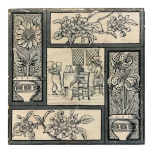 1881 Teal Aesthetic Movement Tile Tea Party & Flowers by Kate Greenaway