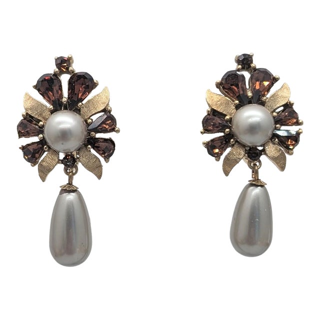 Vintage Signed Crown Trifari Faux-Topaz & Faux-Grey Pearl Drop Clip Earrings-2 Pieces For Sale