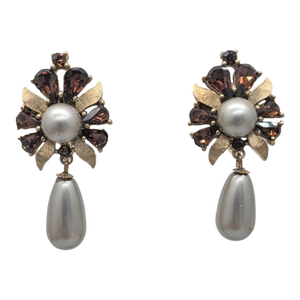 Vintage Signed Crown Trifari Faux-Topaz & Faux-Grey Pearl Drop Clip Earrings-2 Pieces