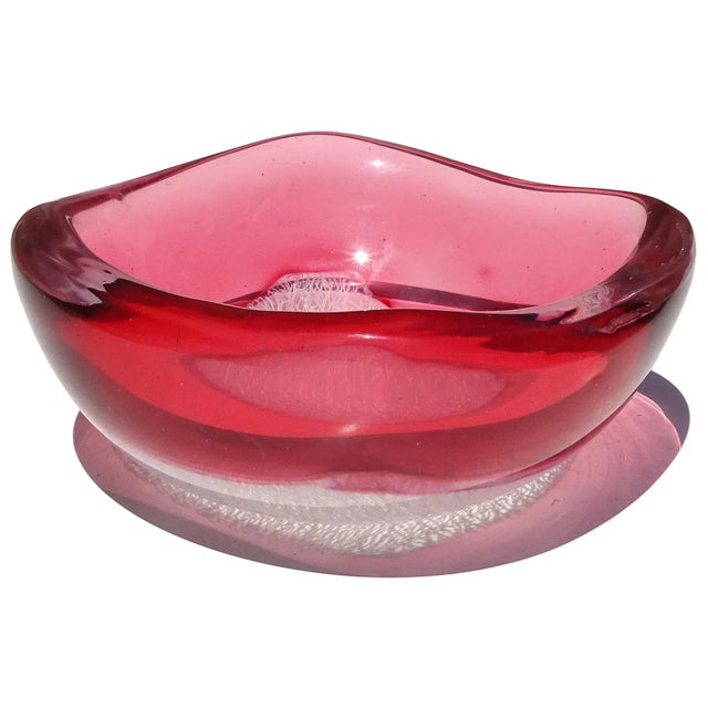 Seguso Vntage Murano Seguso 1952 Pink Incalmo Rim White Merletto Ribbons Italian Art Glass Decorative Bowl For Sale - Image 4 of 6