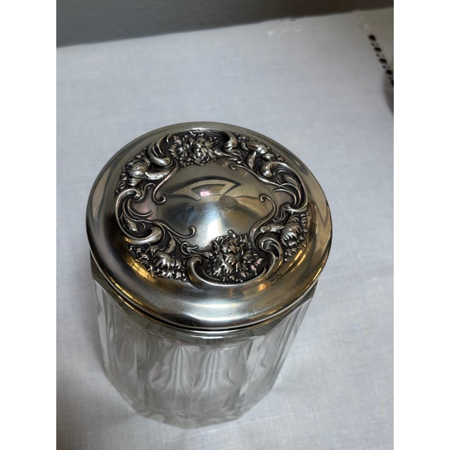 American Antique 1920 Sterling Silver-Lidded Cut-Crystal Dresser Jar or Humidor For Sale - Image 3 of 8