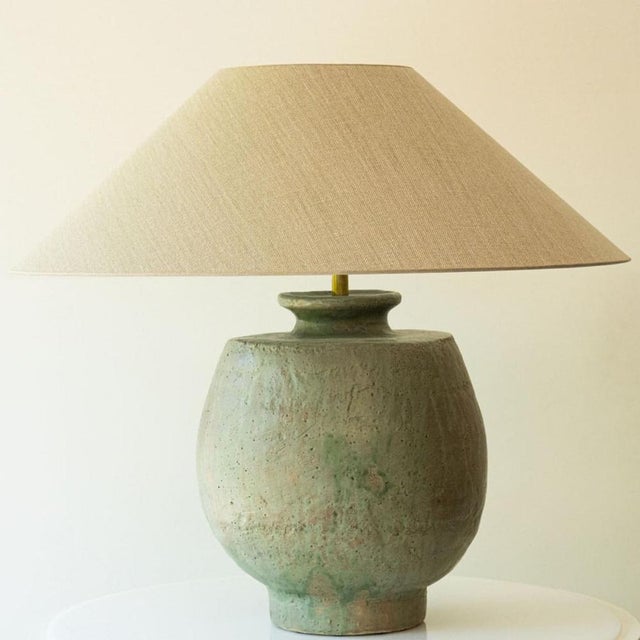Large Pistachio Green Ceramic Table Lamp with Silk Lampshade attributed to R. Houben, 1970s For Sale - Image 3 of 8