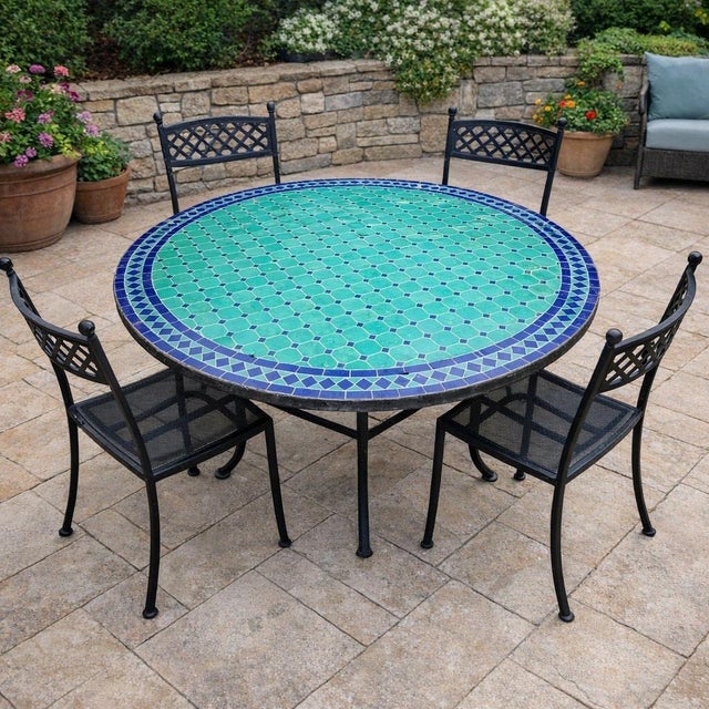 Moroccan 48" Moroccan Aqua and Blue Round Mosaic Dining Table For Sale - Image 3 of 8