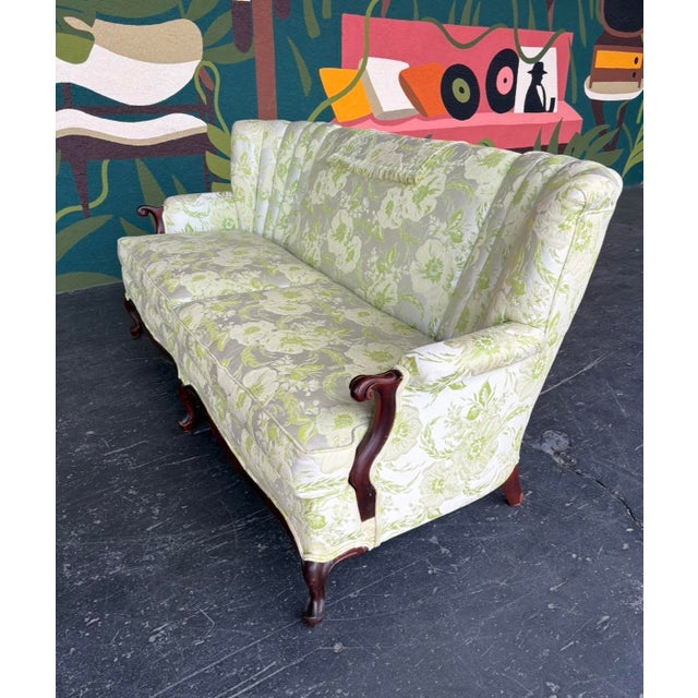 Antique Key Lime Floral Channel Back Sofa For Sale - Image 9 of 15