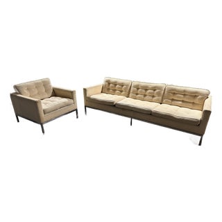 1970s Rare Tufted 3-Seat Sofa and Lounge Chair Set, Cream White, Attributed to Florence Knoll For Sale
