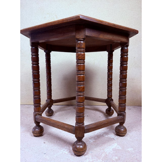 Spanish Hexagonal Wood Side Table with Turned Legs, 1930 For Sale - Image 9 of 10