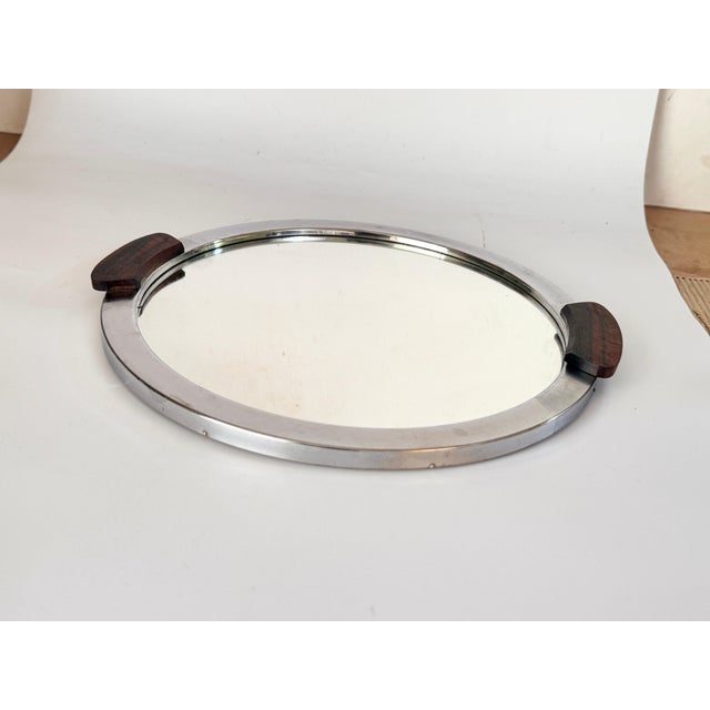 Art Deco Metal and Brown Wood Tray with Handles and Mirror, France, 1930 For Sale - Image 6 of 11