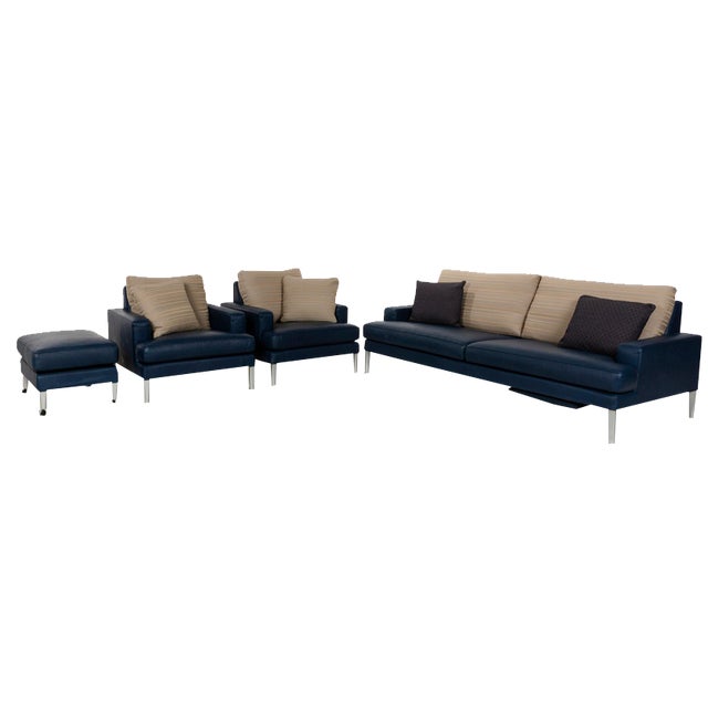 Clarus 3-Seater Sofa, Lounge Chair and Pouf in Blue and Brown Leather from FSM, Set of 4 For Sale