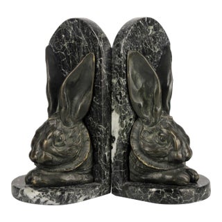 Pair of Late 19th Century/Early 20th Century/Victorian Bronze Rabbit Head Bookends in Marble Plinths by Sir Alfred Gilbert For Sale