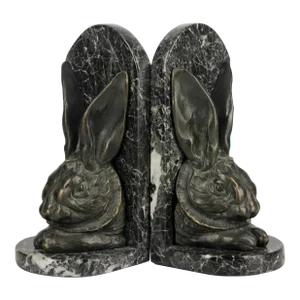 Pair of Late 19th Century/Early 20th Century/Victorian Bronze Rabbit Head Bookends in Marble Plinths by Sir Alfred Gilbert