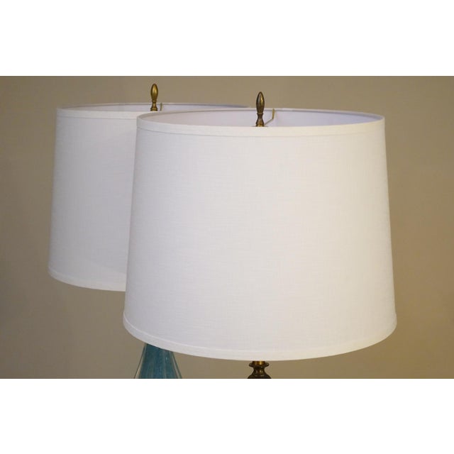 1960s Large Barovier Toso Murano Italy Thick Aqua Swirl Art Glass Ornate Brass Table Lamps - a Pair For Sale - Image 10 of 11