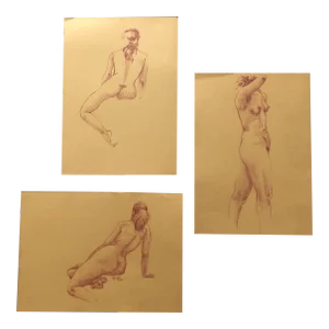 Gallery Wall Collection 3 Sepia Female Nude Sketches 1979 on Yellow Paper-set of 3