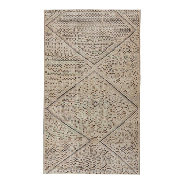 Vintage Mid-Century Distressed Deco Rug in Beige, Green, Black Geometric Pattern For Sale