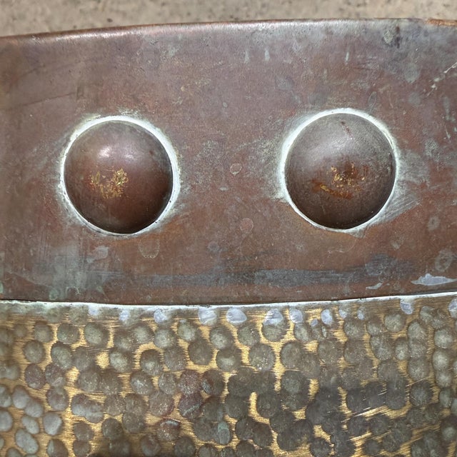 For your consideration, a vintage hammered brass planter pot with a riveted rim. This piece is described as a jardiniere...