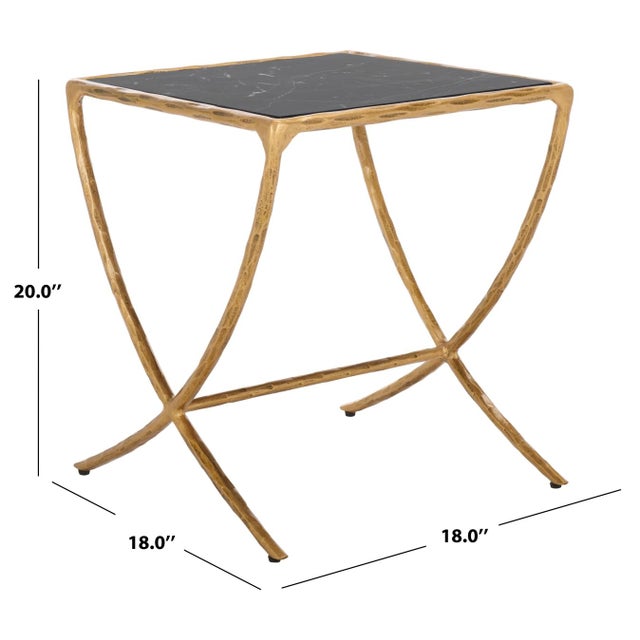 Industrial Debbie Square Metal Accent Table in Brass with Black Marble Top For Sale - Image 3 of 8