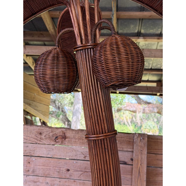 Vintage Rattan Palm Tree Floor Lamp With Three Coconut Lights For Sale - Image 4 of 12